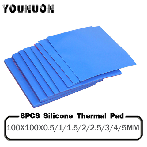 Coussinets thermiques en Silicone conducteur de refroidissement, 8 pièces, combinaison de 100x100x0.5mm, 1mm, 1.5mm, 2mm, 2.5mm, 3mm, 4mm, 5mm, bleu, blanc, vert ► Photo 1/6