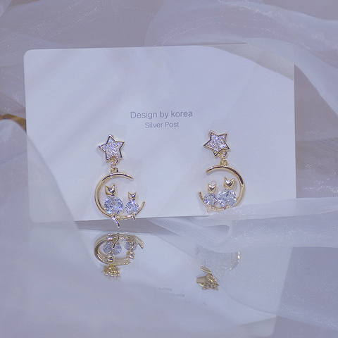 Mignon petit chat brillant diamant femmes boucle d'oreille Bling AAA Zircon 14K véritable or boucle d'oreille goujon quotidien anniversaire étoile bijoux pendentif ► Photo 1/6