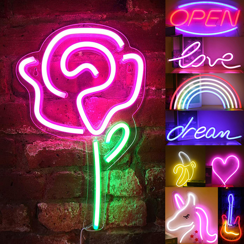 USB Rose fleur LED enseigne au néon avec panneau arrière acrylique chambre décor mur signe lumière fraîche fête vacances néon lampe suspendue ► Photo 1/6