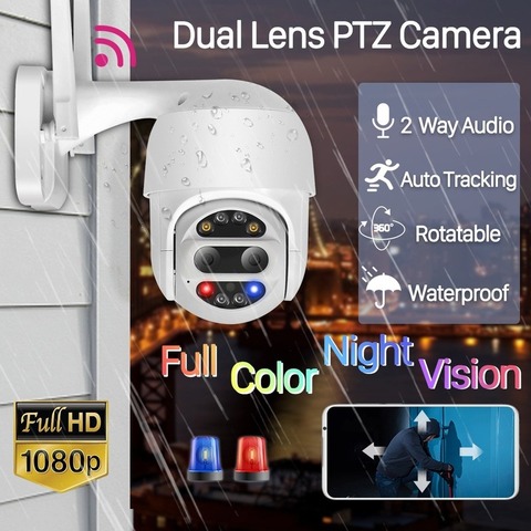 2022 double objectif 1080P Wifi PTZ extérieur CCTV caméra moniteur 4X Zoom sans fil dôme Auto suivi alarme son lumière caméra de sécurité ► Photo 1/6