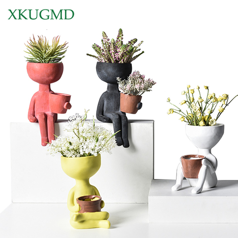 Humanoïde en céramique Pot de fleur caractère assis Posture Sculpture Vase bureau fleur Arrangement conteneur Couple cadeau ornements ► Photo 1/6
