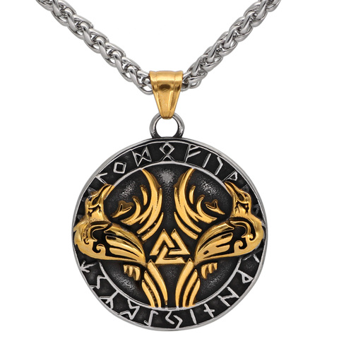 Collier nordique Viking en acier inoxydable Huginn et Muninn corbeau Rune avec sac cadeau ► Photo 1/6