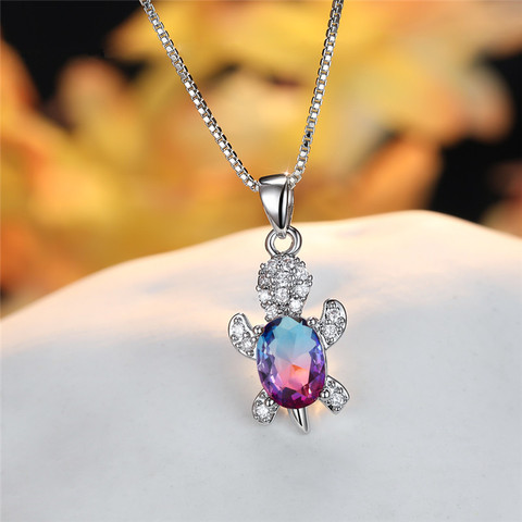 Pendentif ovale en Zircon bleu violet pour femmes, colliers de tortue mignons en pierre arc-en-ciel, bijoux à la mode, collier Animal en cristal multicolore ► Photo 1/6