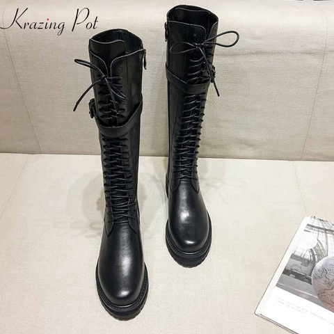 Krazing Pot – Bottes à lacets en cuir véritable avec talons mi-hauts, style superstar punk, bout rond, équitation, attaches à boucle, l35 ► Photo 1/6