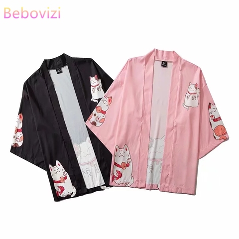 Kimono de plage pour femmes et hommes, rose, noir, Harajuku, vêtements asiatiques, été hauts et chemisiers ► Photo 1/6
