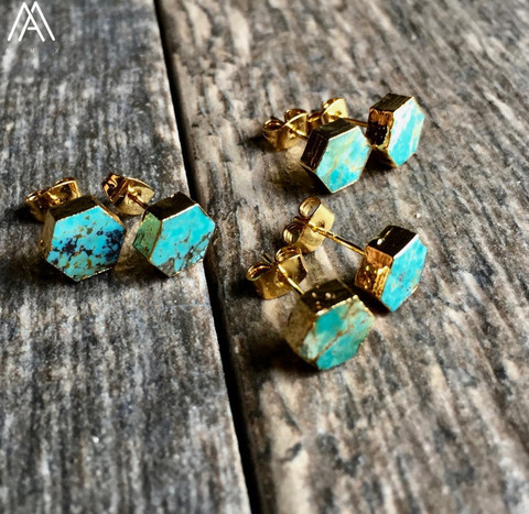 Boucles d'oreilles en pierres naturelles Turquoises pour femmes, bijoux en perles hexagonales, style bohémien, ER004AMBB ► Photo 1/5