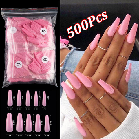 500 pièces coloré faux ongles longue ballerine cercueil forme UV brillant Extra Long enveloppement couleur unie ballerine ongles ► Photo 1/6