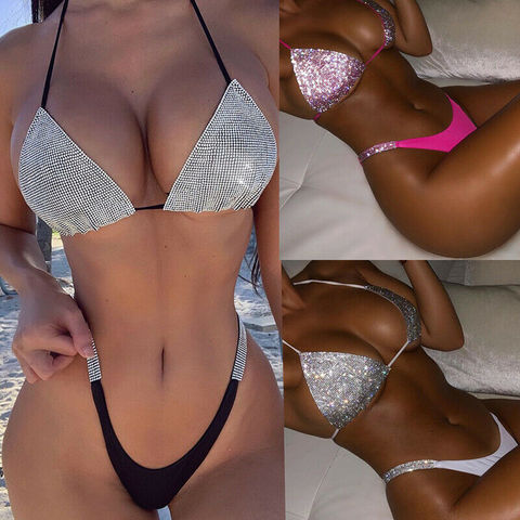 Sexy femmes Sequin strass cristal diamant Push Up Bikini ensemble soutien-gorge taille haute maillot de bain maillot de bain maillot de bain ► Photo 1/6