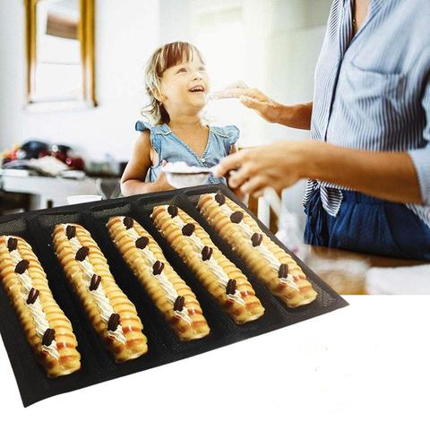 Moule en Silicone réutilisable à 5 cavités, en forme de Baguette, antiadhésif, pour la cuisson du pain français ► Photo 1/6