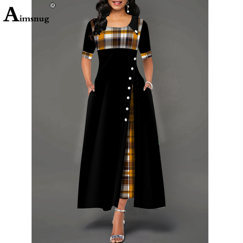 Grande taille 4xl 5xl femmes élégant longue robe Patchwork Plaid impression robes de soirée irrégulière dames Vintage bouton robe a-ligne ► Photo 1/5