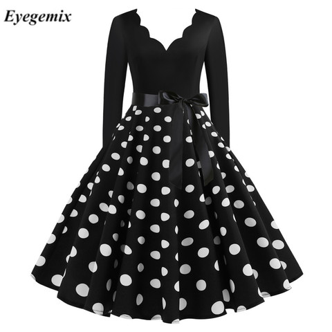 Robe à manches longues pour femmes, Vintage, à pois, Pin Up, style gothique, pour fête de la saint-valentin, 3XL, noir, nouvelle collection hiver ► Photo 1/6