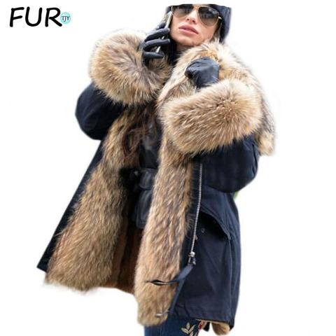 Big real fourrure de raton laveur collier Réel naturel Manteau De Fourrure d'hiver veste Longues Femmes raton laveur fourrure doublure capuche parkas ► Photo 1/6