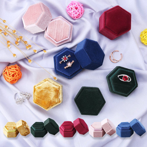 Hexagone forme velours boîte à bijoux Double anneau boîte de rangement bague de mariage affichage pour femme cadeau boucles d'oreilles emballage 5 couleurs ► Photo 1/1