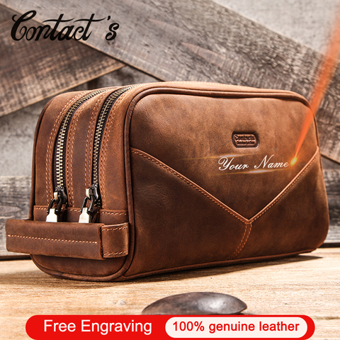 Sac cosmétique Vintage cheval fou en cuir véritable maquillage boîte voyage fourre-tout sac cosmétiques poche sacs pour homme Double fermeture à glissière conception ► Photo 1/6