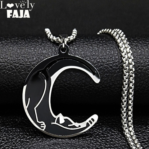 Acier inoxydable coupe lune chat collier pour femmes couleur argent grand noir émail collier bijoux noël jour cadeau joyas N3237S03 ► Photo 1/6