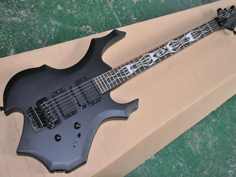 Guitare électrique corps noir en forme de flamme, avec manche en bois de rose, incrustation de perles blanches, services personnalisés ► Photo 1/6