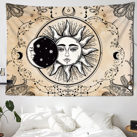 Tenture murale indienne Mandala, tapisserie blanche et noire, soleil, lune, Tarot, tapis psychédélique, tissu de sorcellerie ► Photo 1/6