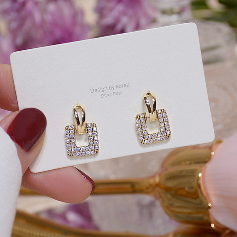 14k véritable or carré pavé incrusté haut Zircon boucle d'oreille pour les femmes charme élégant tempérament goutte eboucles d'oreilles bijoux Brincos pendentif ► Photo 1/5