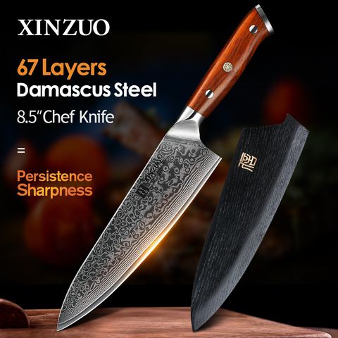 XINZUO-couteau de cuisine Chef japonais 8.5 po, haute teneur en carbone, 67 couches d'acier inoxydable, coutellerie Gyuto avec manche en bois de rose ► Photo 1/6