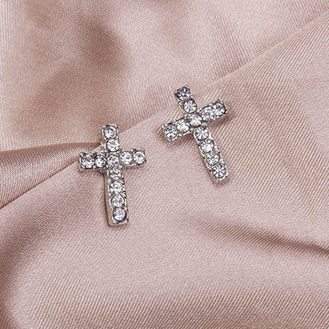 Boucles d'oreilles croix en cristal pour femmes, Simple et mignon, couleur argent, bijoux religieux ► Photo 1/6