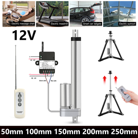 Télécommande RF + actionneur linéaire 12V, moteur électrique à courant continu, engrenage métallique, course électrique linéaire 50mm 100mm 150mm 200mm 250mm ► Photo 1/6