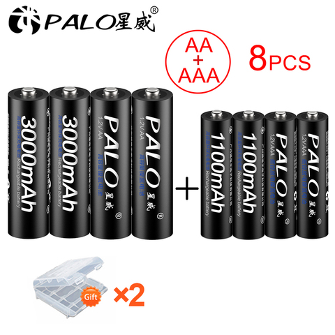 PALO 4 pièces 3000mAh 1.2V AA piles rechargeables + 4 pièces 1100mAh 1.2V AAA batterie NI-MH AA AAA batterie Rechargeable pour appareil photo jouet ► Photo 1/6