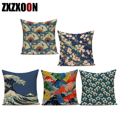 Style japonais montage scénique et vague imprimé taie d'oreiller housse De coussin décoration carrée pour canapé maison Capa De Almofadas 45X45 ► Photo 1/6