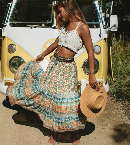 Vintage chic Hippie femmes fleuri paon imprimé taille haute élastique plage bohème jupe dames Midi a-ligne Boho jupe ► Photo 1/6