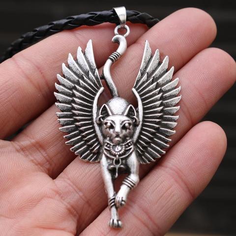 Collier en amulette de chat égyptien avec pendentif en forme de Sphinx et de Talisman à ailes ► Photo 1/6