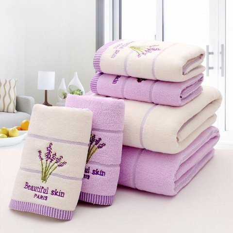 Violet lavande brodé serviettes haute qualité coton grande serviette de bain doux absorbant plage visage serviette ensemble pour les femmes ► Photo 1/6