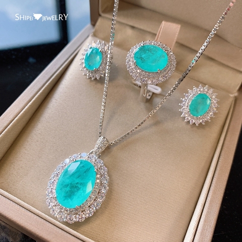 Shipei 925 argent Sterling ovale Paraiba Tourmaline créé Moissanite anneaux/boucles d'oreilles/pendentif/collier ensembles de bijoux de mariage 3 pièces ► Photo 1/6