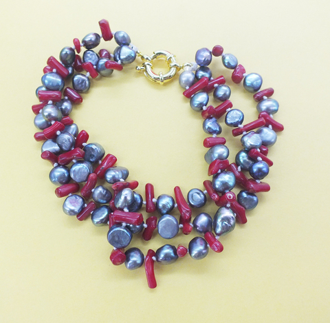 Bracelet classique à 3 rangées, perle Baroque noire naturelle AAA, corail naturel irrégulier, Bracelet de 8.5 pouces ► Photo 1/4