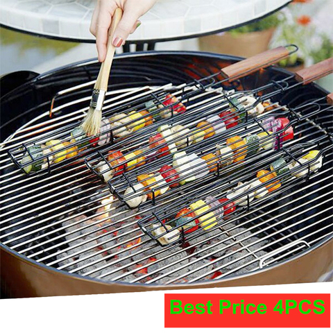 4 pièces Barbecue brochettes panier à griller réutilisable Durable Anti-Corrosion poignée bâtons Barbecue outil panier grille filet maille cuisine outil ► Photo 1/6