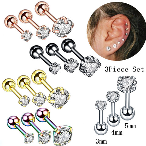 3 pièces cristal Tragus Piercing boucle d'oreille ensemble Zircon Cartilage boucles d'oreilles ensemble de clous Labret lèvre Piercing en vrac oreille Lobe boucle d'oreille conque Lot ► Photo 1/6