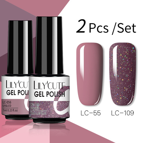 LILYCUTE 7ML vernis à ongles UV à paillettes 2 pièces/ensemble couleur nue série vernis à ongles Semi Permanent vernis à ongles couche de finition Gel LED UV ► Photo 1/6