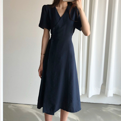 Nouveau été filles Robe femmes coton col en V décontracté à manches courtes robes Femme Robe Vintage solide Robe Boho Robe Femme Vestido ► Photo 1/6