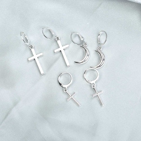 Boucles d'oreilles en forme de croix et de lune pour femmes, bijoux géométriques en métal, couleur argent, nouvelle collection ► Photo 1/6