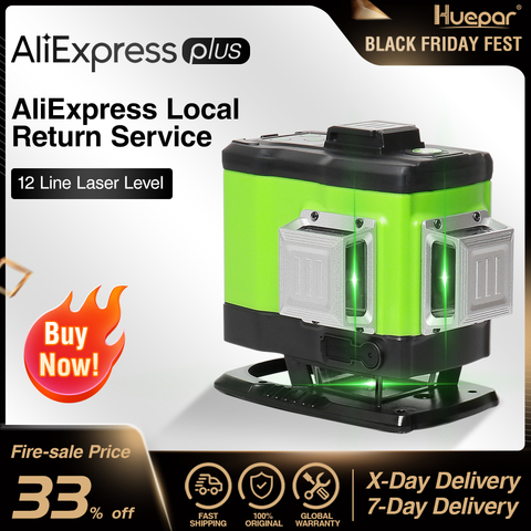 Huepar 3D Niveau Laser Auto-Nivelant 3x360 Faisceau Vert Ligne Transversale 360° Ligne Horizontale Verticale Télécommande et Etui de Transport Rigide ► Photo 1/6