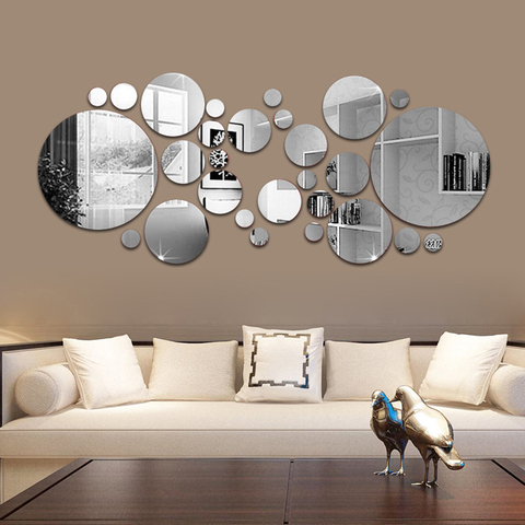 26 pièces 3D miroir autocollant mural rond miroir bricolage TV fond salle de bain autocollants décoration murale chambre salle de bain décoration de la maison miroir ► Photo 1/6