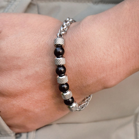 Bracelet en acier inoxydable sans allergie pour homme, chaîne de perles en pierre naturelle, œil de tigre, cadeau ► Photo 1/6