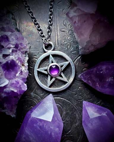 Collier pentagramme améthyste, bijoux Wiccan, bijoux de sorcière, amulette de sorcière, pendentif occulte, Wicca, païen ► Photo 1/2