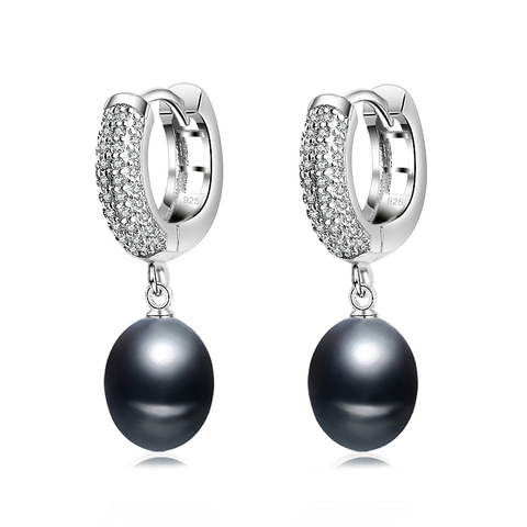 Boucles d'oreilles en argent sterling 925 pour femmes, boucles d'oreilles de mariée en cercle de perles naturelles d'eau douce noires, cadeau d'anniversaire ► Photo 1/6