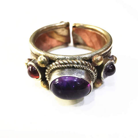 Anneaux tibétains Rose cuivre incrusté Multi perles de pierre naturelle anneaux ouverts du népal bijou Vintage R145 ► Photo 1/5
