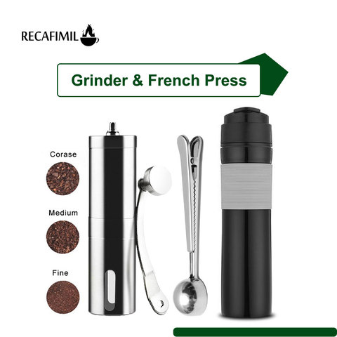 Français presse Maker Portable pour café et thé 350Ml acier inoxydable manuel moulin cuillère pince pour café grain sac café bouteille ► Photo 1/6