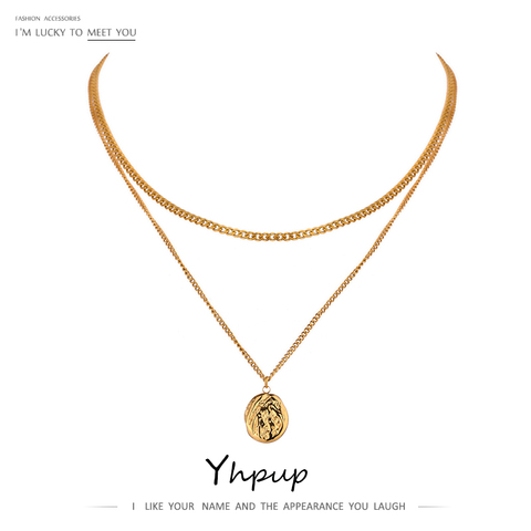 Yhpup 316L acier inoxydable collier en couches femmes Bijoux déclaration métal Texture géométrique pendentif collier Bijoux Femme 2022 ► Photo 1/6