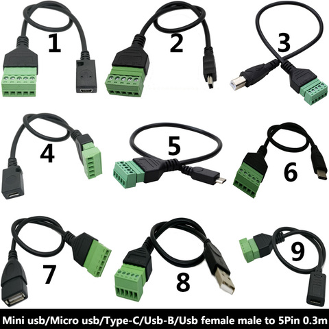 Micro USB 2.0 femelle B, mini usb type-c mâle à femelle à 5 broches, connecteur à vis avec connecteur de Terminal de blindage, câble adaptateur 1ft ► Photo 1/6