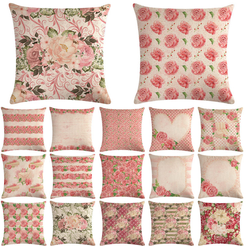 1 pièces rose fleur motif coton lin jeter oreiller housse de coussin voiture maison canapé-lit taie d'oreiller décorative Funda Cojin 40646 ► Photo 1/6