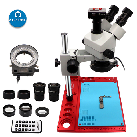 Caméra numérique de HDMI de Microscope stéréo trinoculaire Focal de 3.5X-90X Simul avec la Base d'alliage d'aluminium pour la réparation de soudure de carte PCB de téléphone ► Photo 1/6