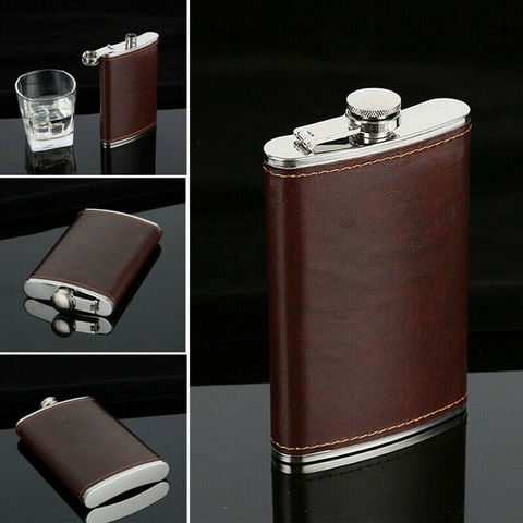 Flacon de poche en cuir marron, 5-10 oz, luxe, couvert de cuir, petit flacon en acier inoxydable pour alcool, bouteilles de whisky portables, cadeau ► Photo 1/6