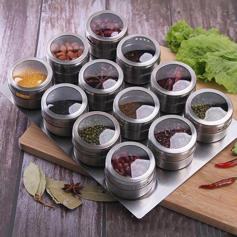 Pot à épices magnétique en acier inoxydable, anti-poussière, boîte d'assaisonnement Visible, Cruet, organisateur de cuisine, étanche, facile à ouvrir ► Photo 1/6